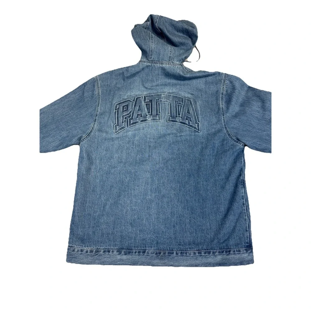 Patta Workwear Denim Jacket Mens XL Light Blue Embossed Logo Pockets Hooded Rare
